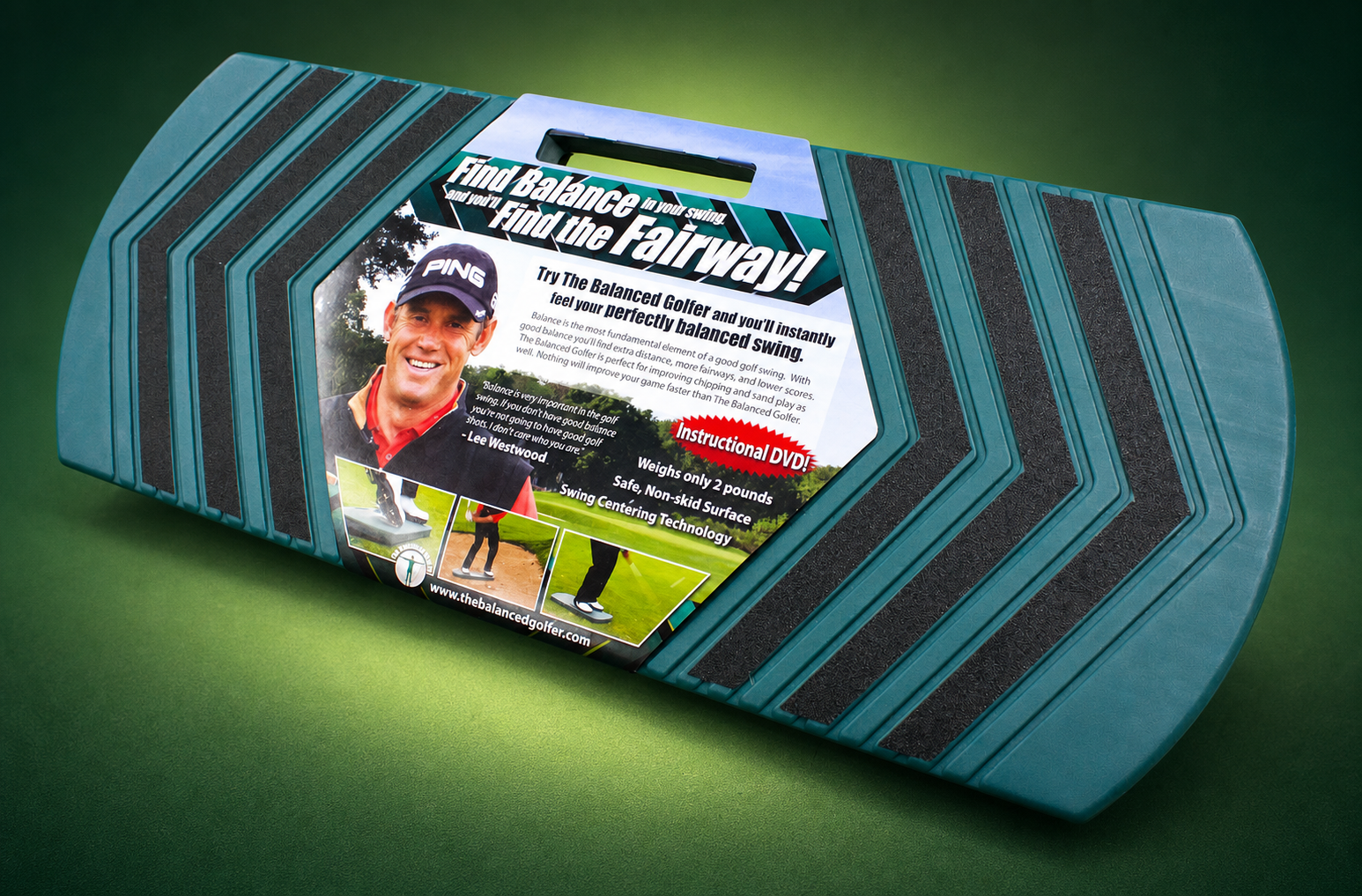 The Balanced Golfer teal swing training board with non-slip grip strips